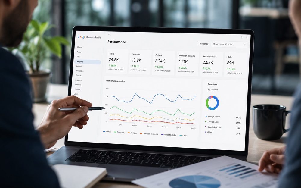 Team reviewing Google Business Profile performance analytics